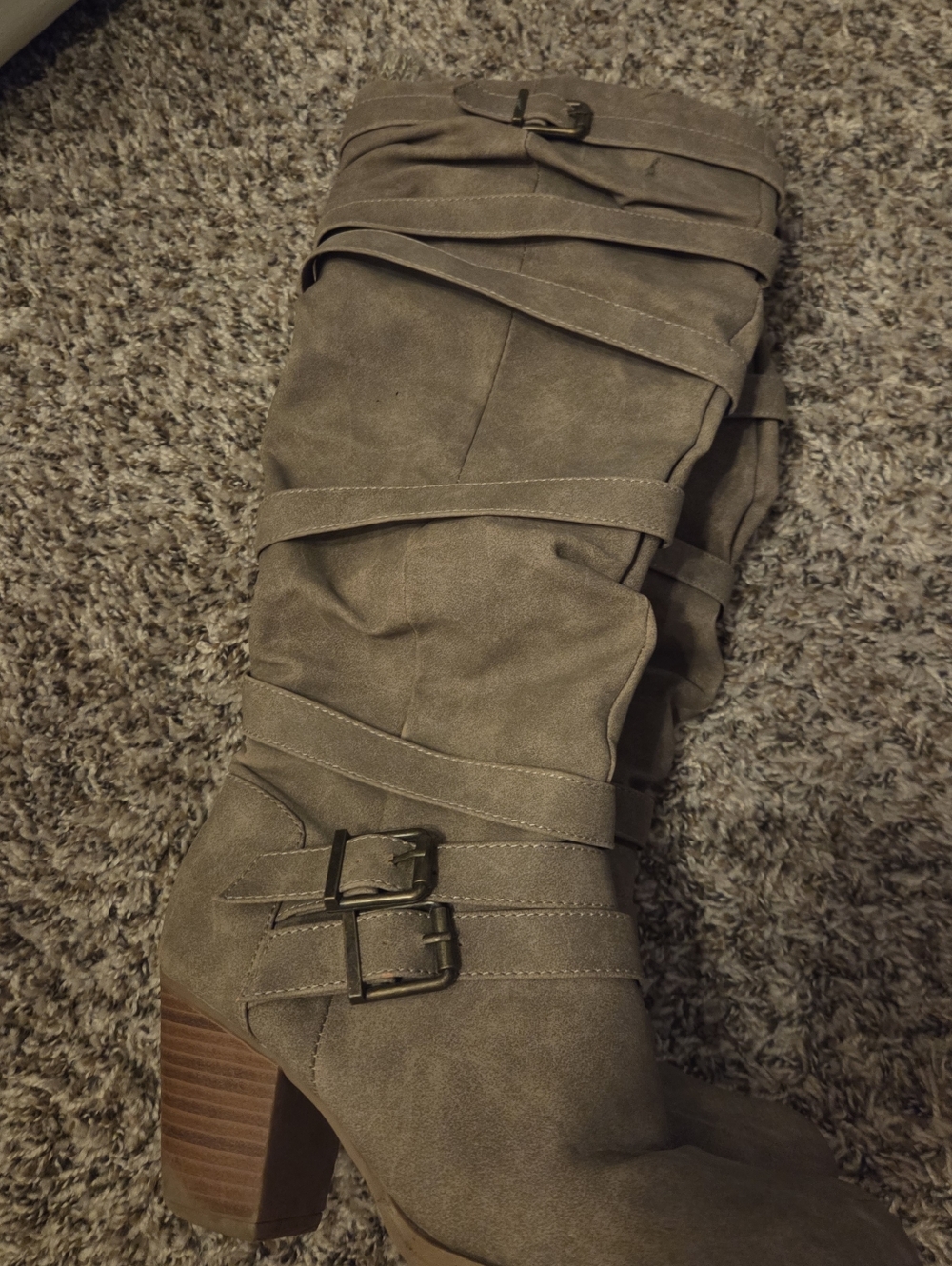 Women's Taupe Suede Block Heel Knee Boot with Wrap Straps